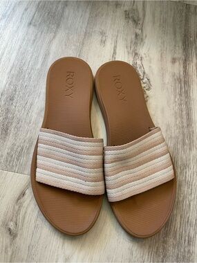 Roxy Women's Tan Slide Sandals Pink Striped Strap 9